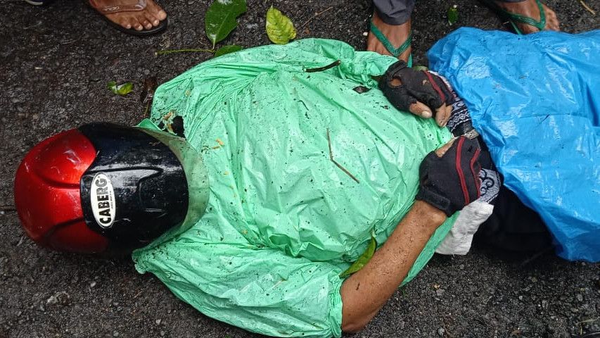 Pengendara Motor Kenakan Jas Hujan Warna Hijau Helm Merah Tertimpa Pohon Asam Tumbang, Tewas